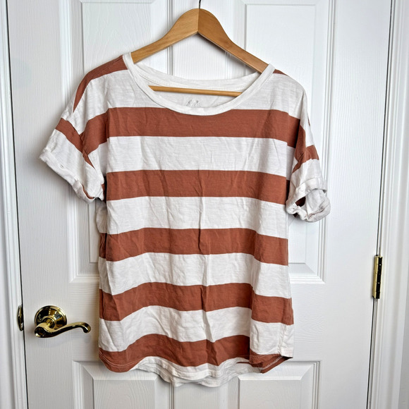 Maurices 24/7 Striped Tee Shirt XL Brown White Soft Stretch Normcore Capsule - Picture 1 of 4